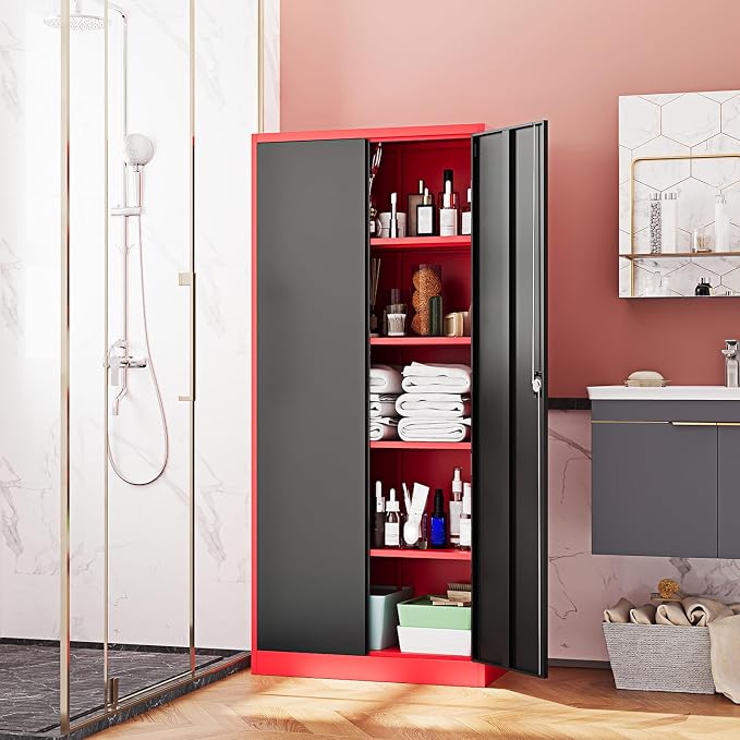 Fesbos Metal Storage Cabinet-71” Tall Steel File Cabinets with Lockable Doors and Adjustable Shelves-Black&Red Steel Storage Cabinet for Home,Kitchen, School, Office, Garage