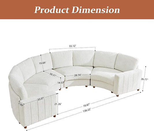 ORRD Curved Half Moon Sectional Sofa, Curved Couch with Deep Seat, Boucle Modular Sectional Sofa with Pillows, Chenille Comfy 4 Seat Couch for Living Room, White