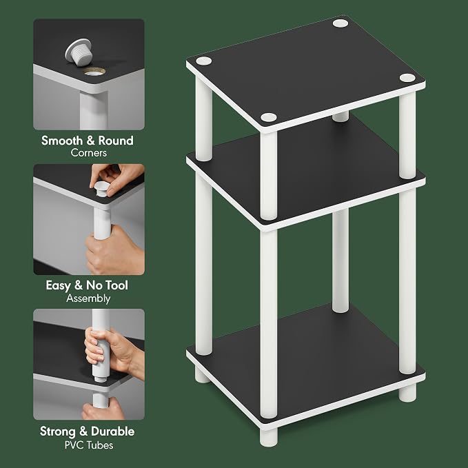 Furinno Turn-N-Tube Side Table, 3-Tier End Table with Open Shelf, Toolless Assembly Night Stand, Bedside Table, for Living Room, Bedroom, White Espresso