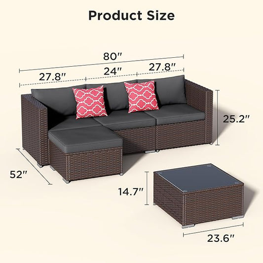 Aiho 5 Pieces Patio Furniture Sets, All-Weather PE Rattan Outdoor Patio Furniture with Cushions and Glass Table, for Garden, Backyard, Porch, Black