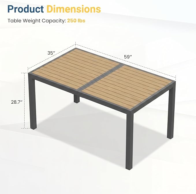 Aluminum Outdoor Table for All-Weather, 59" Patio Tables with Heavy Duty HDPS Rectangular Tabletop, Outside Table with Quick-Drying Slatted Design for Patio, Garden, Deck, Porch, Poolside, Backyard