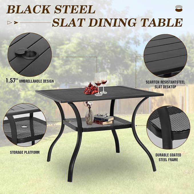 SUNCROWN 6 - Piece Outdoor Dining Set, Patio Furniture Set with 4 Textilene Dinning Chairs, 1 Steel Slat Metal Bistro Table and 1 Dark Blue 9Ft Patio Umbrella for Lawn Garden Backyard Deck, Black