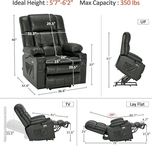 MCombo Large Dual Motor Power Lift Recliner Chair for Elderly, Zero Gravity Lift Chair with Heat and Massage, Infinite Position Lay Flat Recliner, USB Ports, Faux Leather 7896 (Grey, Large)