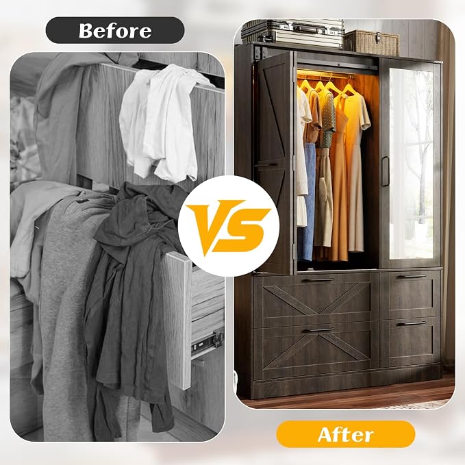 PAKASEPT Armoire Wardrobe Closet with w/Folding Sliding Barn Door | Bedroom Armoires with Mirror and LED Lights, Hanging Rod, 9 Door Armoire for Bedroom
