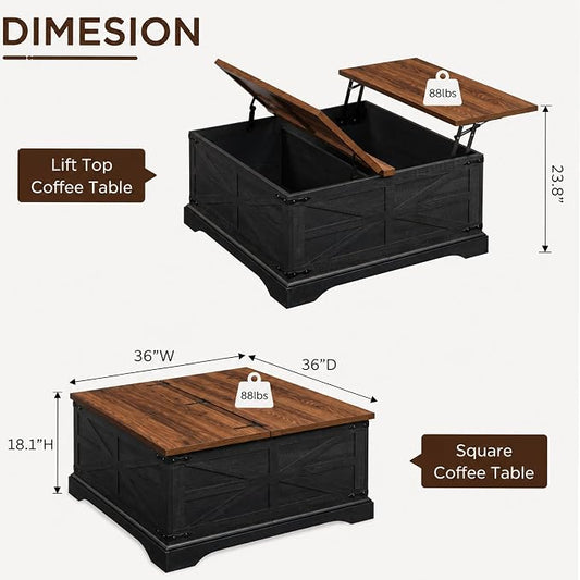 JXQTLINGMU Farmhouse Lift-Top Coffee Table with Large Storage, 36" Square Wood Living Room Table with Hidden Compartment and Raised Dining Surface, Black and Brown