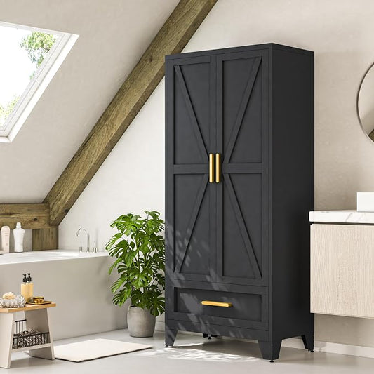 Baborokic Metal Wardrobe Cabinet,71 Armoire Wardrobe Closet with Drawers and Hanging Rod,Metal Armoire with Adjustable Shelves for Closet,Bedroom,Farmhouse Storage Cabinet with Drawer(Black)