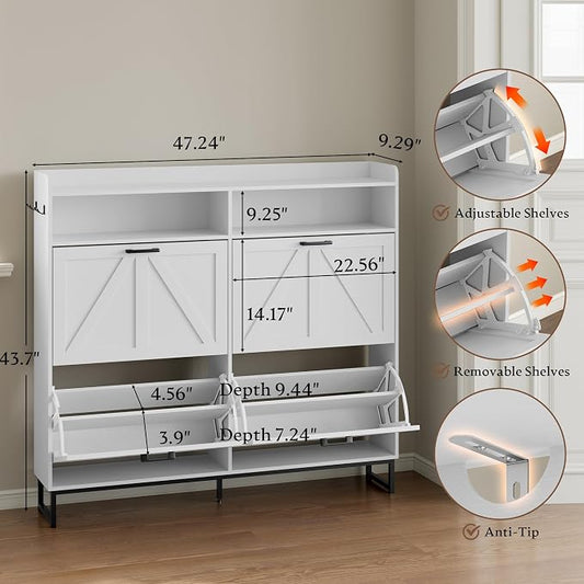 BORNOON Shoe Cabinet with 4 Flip Drawers Narrow Shoe Storage Cabinet Organizer Wooden Freestanding Shoe Rack Hidden Slim Shoes Storage Cabinet for Entryway, Hallway, Living Room, Bedroom