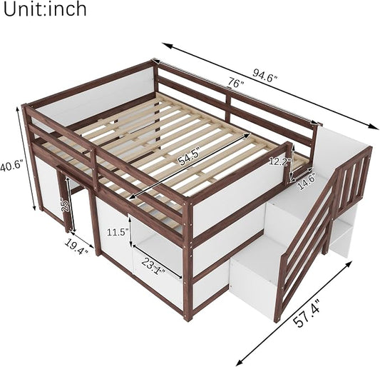 Bellemave Full Size Low loft Bed for Kids,Wood Loft Beds,Modern Farmhouse Full loft Bed,Loft Bed with Desk and Storage, No Box Spring Needed,for Kids, White + Walnut