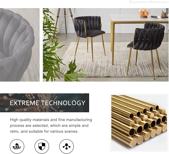 Black Velvet Dining Chairs Set of 2, Upholstered Dining Chairs with Golden Metal Legs, Modern Woven Dining Chair for Dining Room, Kitchen, Vanity, Living Room