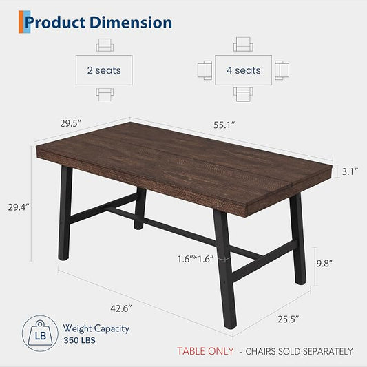 GarveeHome Industrial Dining Table for 2-4, 55" Heavy Duty Rectangular Kitchen Table with 2"×2" Metal Legs, Small Space Dining Table for Kitchen, Dining Room (Rustic Birch, 55" Non-extendable)