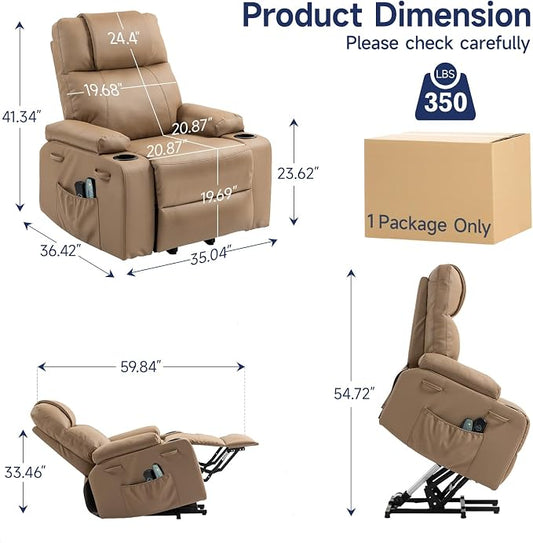 Brage Living Power Lift Recliner Chair for Elderly with Massage & Heat, PU Leather Electric Recliner with USB Charge Port, 160° Adjustable Recline, Stand Assist, Remote Control, Cup Holders (Brown)