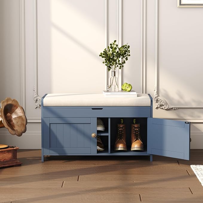 HOMEFORT 30" Shoe Bench with Lift Top Storage, Entryway Bench with Cushioned Seat, Wooden End of Bed Bench, Shoe Cabinet Bench with Hidden Storage Space, for Bedroom, Hallway, Blue