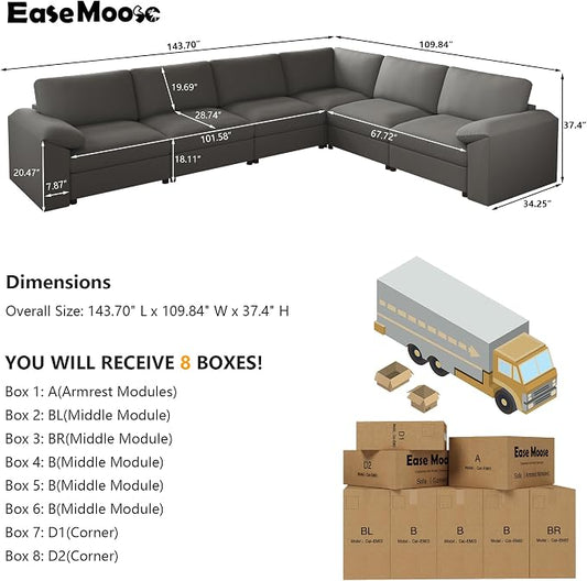 EASE MOOSE Leather Sectional Couch, Oversized Modular Sectional Sofas, Wide Deep Seat Modular Couch, Scratch Resistant Faux Leather Material, L Shaped Sofa for Big Spaces Living Room, Grey