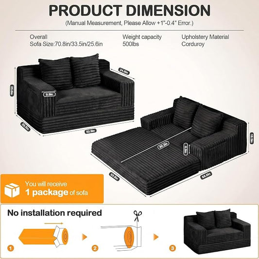 Erament Boneless Loveseat Convertible Sofa Bed, Folding Floor Futon Sleeper Sofa Couch Bed- Boneless Foldable Couch, Furry Pull Out Sofa Bed with 2 Pillows for Living Room & Bedroom