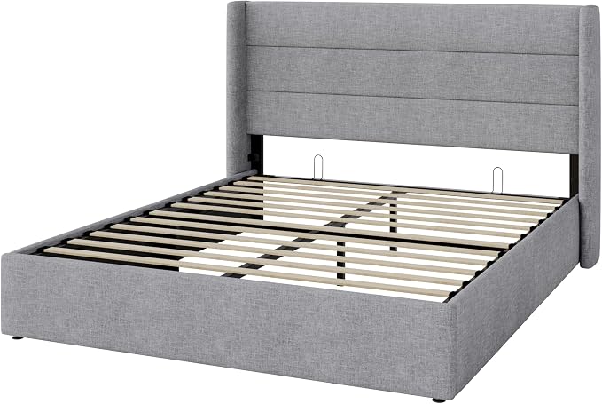 Allewie Full Size Lift Up Storage Bed, Modern Wingback Headboard, Hydraulic Support, No Box Spring Needed, Light Grey