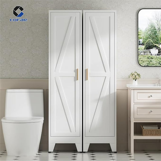 COFaR 67'' Tall Narrow Bathroom Storage Cabinet, Metal Farmhouse Skinny Pantry Cabinet with 4 Adjustable Shelves and One Door, Slim Cabinet Storage for Kitchen Laundry Garage, 5-Tier White