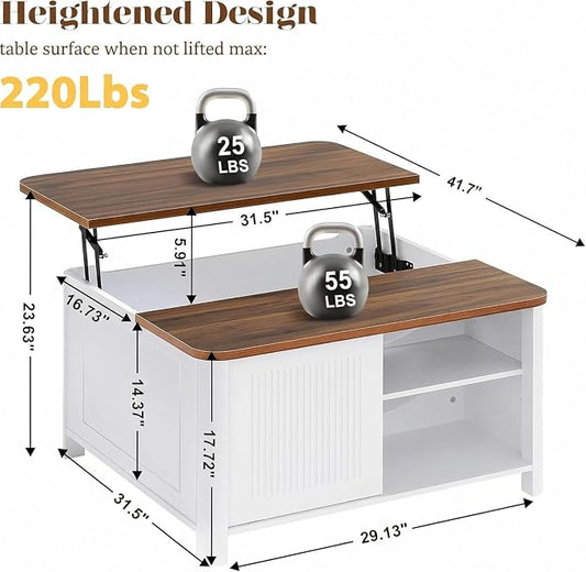 Decofy Lift Top Coffee Table with Storage Mid Century Modern Square Coffee Tables for Living Room, Large Hidden Storage Compartment, Adjustable Shelves & Sliding Door
