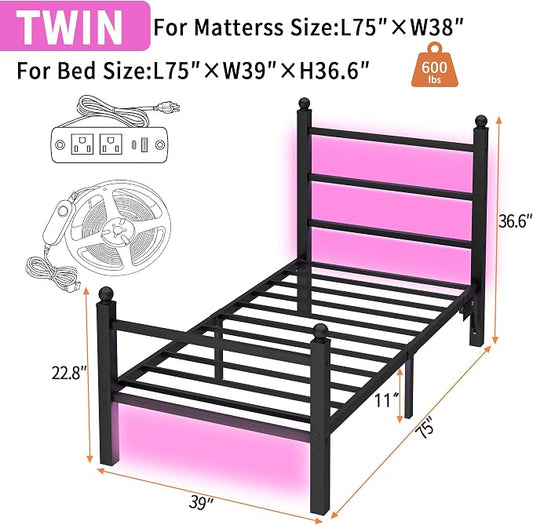 CLIBFENG Twin Bed Frame with Headboard and Footboard,Steel Slats Support-LED Bed Frame with USB Charging Station,Mattress Foundation-Under Bed Storage,No Box Spring Needed,Noise Free,Black