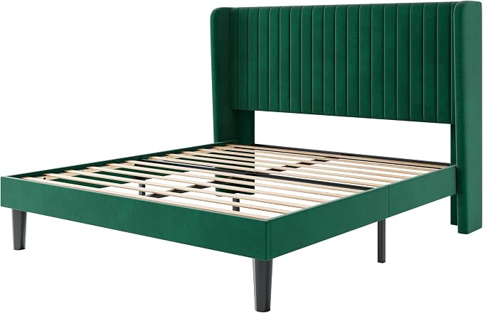 SHA CERLIN Queen Size Velvet Bed Frame with Vertical Channel Tufted Wingback Headboard, Upholstered Platform Bed with Wood Slats, No Box Spring Needed, Easy Assembly, Green