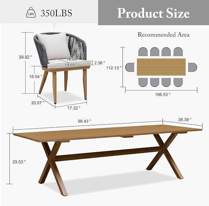PURPLE LEAF 11 Pieces Patio Dining Set Wicker Outdoor Furniture Rectangular Table and Chairs Set for Garden Deck Teak-Finish Aluminum Frame Backyard Kitchen Set, Cushions and Pillows Included