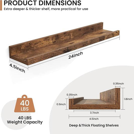 Fun Memories Picture Ledge Shelves Set of 2, 24 Inch Rustic Wall Mounted Floating Shelves with Lip for Home Storage and Décor in Bathroom, Kitchen, Nursery, Bedroom, Living Room, Brown