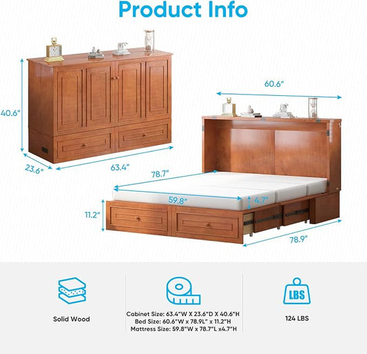 Mjkone 63.5" W Murphy Bed Cabinet Queen Size, Modern Cabinet Bed with USB Charging Station & Drawers, Murphy Beds for Living Room Apartment, Easily Convertible, Cherry