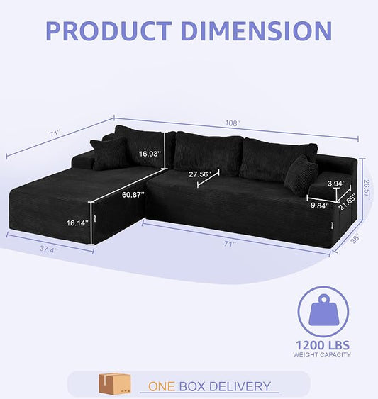 Hobestluk Modular Sectional Sofa Couches L-Shape Couch 3 Seat Modular Sofa Memory Foam Sectional Couches for Living Room, Cloud Couch with Oversized Chaise (Black Corduroy, 108", Left Hand Facing)