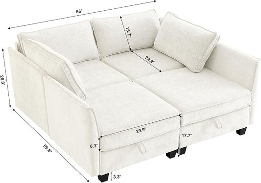 ORRD Sleeper Modular Sectional Sofa Set, Convertible Couch Bed with Storage, 4 Seater and 4 Armrestes Sofa Modular for Living Room, Office (Beige)