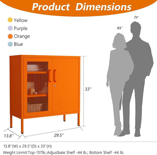 Lockable Metal Storage Cabinet Locker, Multifunctional Versatile Storage Lockers with Adjustable Shelves and Mesh Door, Durable Metal Sideboard Furniture for Restaurant Home Office Orange
