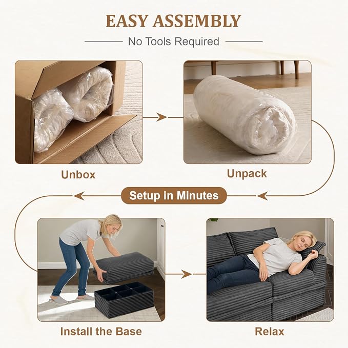 Upgrade Boneless Couch with Storage, Extra Deep&High Seat Modular Sectional Sofa 3 Seater L Shaped Cloud Couch with Ottoman, Tool-Free Assembly Sectional Couches for Living Room, Dark Grey