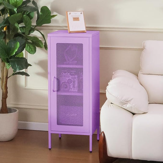 Slim Metal Storage Cabinet with Mesh Doors - 42'' Tall Narrow Organizer Tower, Compact Freestanding Cabinet, Versatile Utility Storage for Home, Office, Kitchen, Living Room, Durable and Modern Design