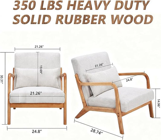 Mid Century Modern Accent Chair with Solid Rubberwood Frame, Comfy Corduroy Reading Armchair with Lumbar Pillow, Compact Lounge Chair for Bedroom, Living Room & Small Spaces, Ivory Cream