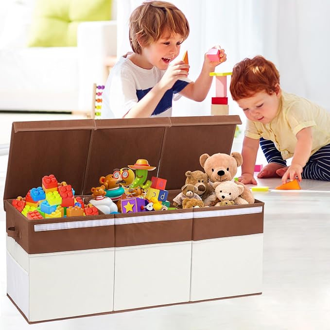 FIIOEOY Extra Large Toy Box with Lids, Collapsible Toy Storage Organizer with Divider for Kids, Sturdy Toy Chest for Bedroom, Nursery, Living Room, Playroom, 40"x14"x16", White & Brown