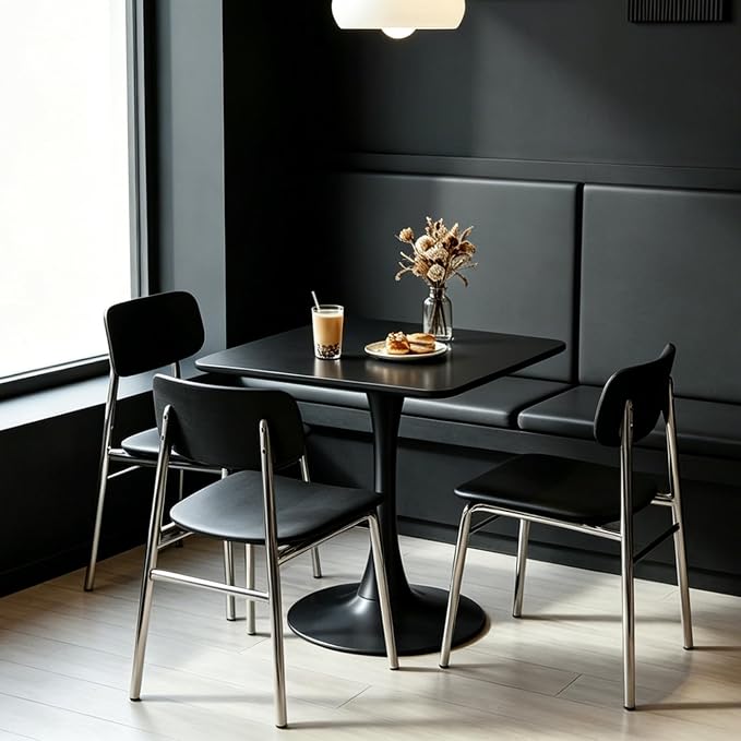 Square Dining Table, 27.6" Tulip Table with Thickened Tabletop & Metal Pedestal, Mid Century Modern Bistro Table for Kitchen, Small Places, Living Room, Cafe (Black)
