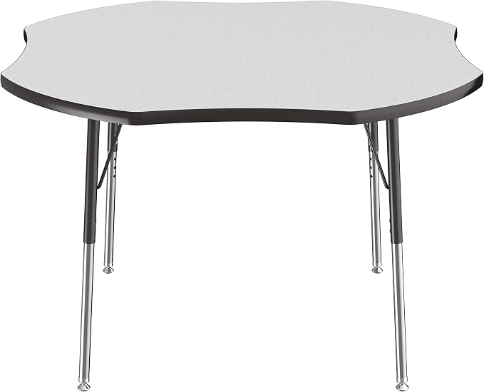 FDP Clover Activity School and Office Table (48 x 48 inch), Standard Legs with Swivel Glides for Collaborative Seating Environments, Adjustable Height 19-30 inches - Gray Top and Black Edge