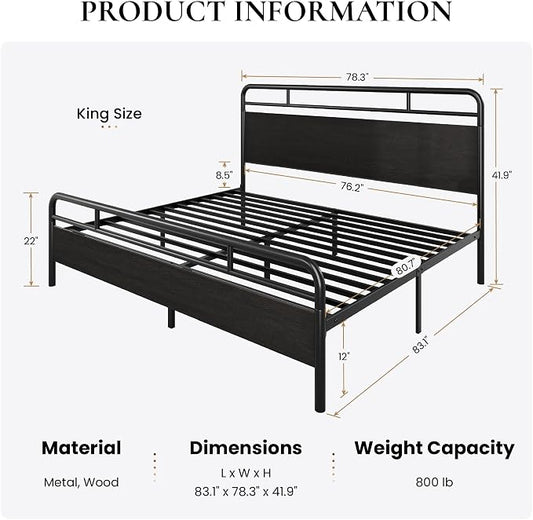 SHA CERLIN King Size Bed Frame with Vintage Industrial Wood Headboard, Heavy Duty Metal Platform with 12" Under-Bed Storage, Mattress Foundation, No Box Spring Needed, Noise-Free, Easy Assembly, Black