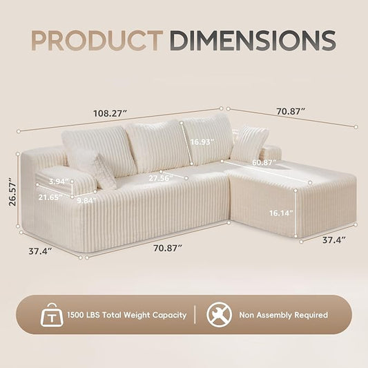 Hobestluk Boneless Couch Modular Sectional Sofa L-Shape Oversized Chaise | 108" Right Facing Chaise White,Memory Foam,Removable Cover,Non-slip Bottom,No Assemble Required,Living Room Furniture
