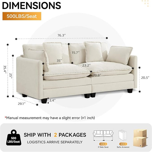 76" Cloud Loveseat Sofa, Modular Sectional Couch with Deep Seats and Double-Layer Thick Cushions, Chenille Upholstered 2-Seat Sofa for Living Room Apartment, Beige