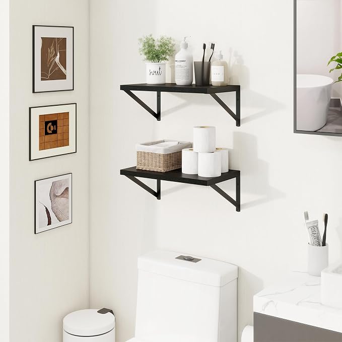 Axeman Deep Floating Shelves | 16 Inch Black Wall Shelves Set of 2 | 10 Inch Deep Wood Floating Shelves for Wall | 16" W x 10" D Black Shelves for Living Room Bathroom Kitchen