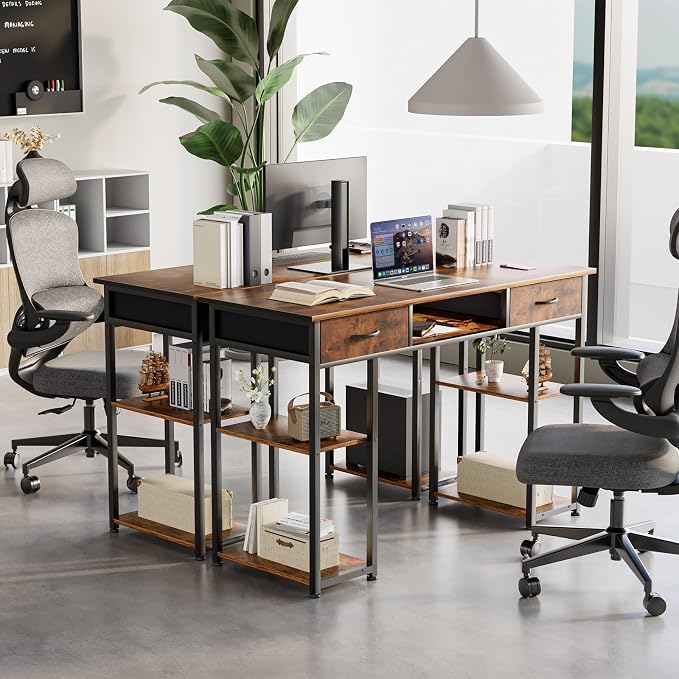 DUMOS 48" Small Computer Home Office Desk for Bedroom with Drawers, Gaming Writing Study Table with Storage Shelf, Adjustable Feet, Metal Frame Natural Brown