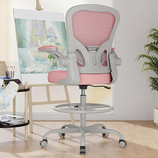 Synorla Ergonomic Drafting Chair, Tall Mesh Office Chair with Flip-up Armrests, Lumbar Support & Adjustable Footrest Ring for Standing Desk Gray Pink