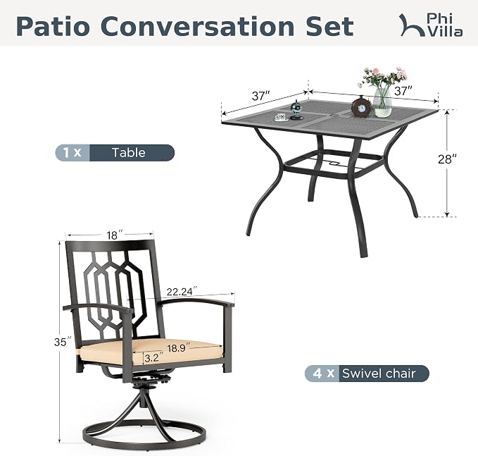 PHI VILLA 5 Pieces Outdoor Dining Set for 4, 37” Square Wrought Iron Table with Mesh Tabletop & Swivel Metal Steel Chairs with Cushions, Outside Furniture Set for Patio, Porch, Deck, Backyard