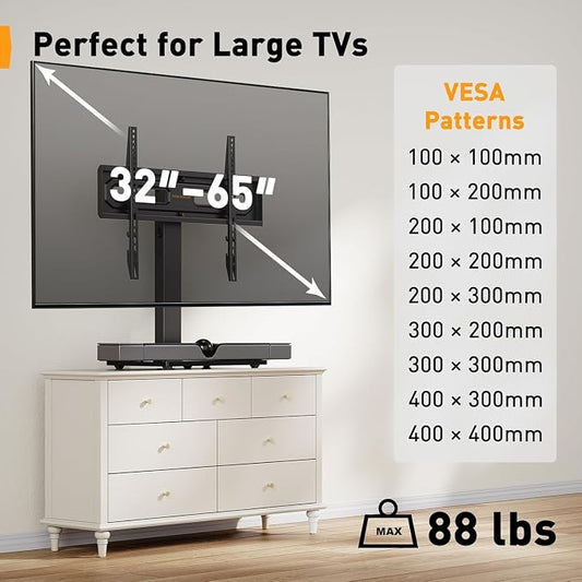 Perlegear Table Top TV Stand Mount, Universal Swivel TV Stand for 32–60,65 Inch LCD/LED/OLED TVs up to 88 lbs with Tempered Glass Base, Height Adjustable TV Base with Tilt, Max VESA 400x400mm