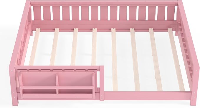 Bellemave Queen Size Floor Bed with Slats and Safety Guardrail, Queen Size Montessori Floor Bed with Fence and Built-in Bookshelf, Easy Assemble Montessori Beds for Girls, Boys, Pink
