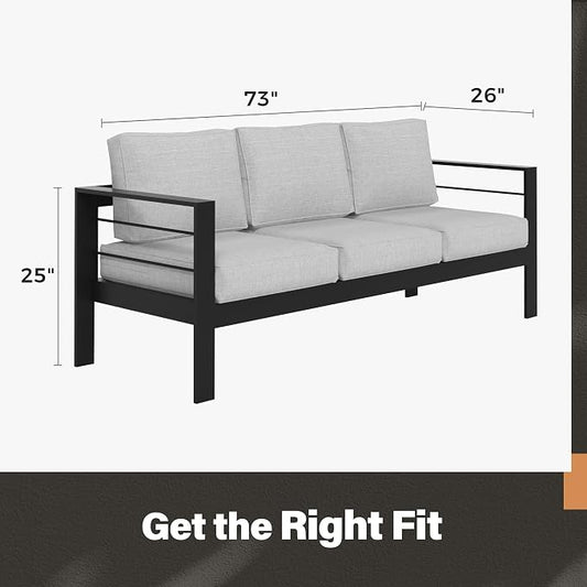 Solaste Aluminum Outdoor Couch, 3-Seat Metal Outdoor Sofa with Water-Resistant Cushion, Weather-Resistant Modern Patio Sofa, Black Frame Grey Cushion