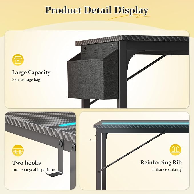 DurayLoly 40" Gaming Desk with Waterproof LED Lights, Carbon Fiber Desktop for Small Spaces | Home Office Study Computer Desk with Storage Bag & Headphone Hook, Black