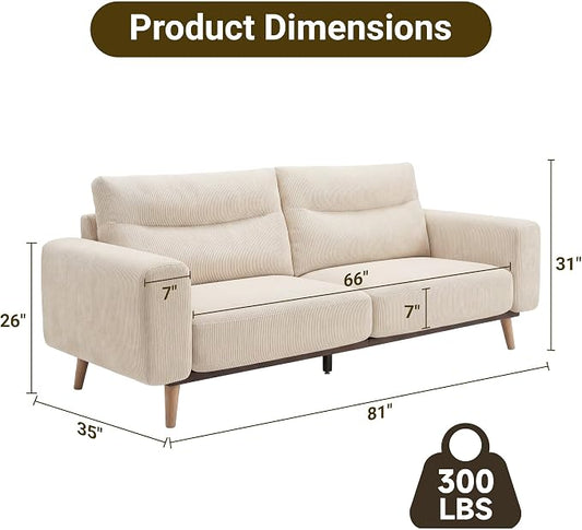 Claiks 81" Oversized Loveseat Sofa, Mid Century Modern Couch for Living Room, Bedroom & Apartment, Corduroy Upholstered 2-3 Seater Sofa with Sturdy Metal Frame, Easy Assembly, Beige
