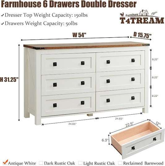 T4TREAM 54" Wide Farmhouse 6-Drawer Dresser for Bedroom, Antique White | Rustic, Wood Storage Cabinet, Metal Handle, Unique Corner Accent, Bedroom, Living Room, Hallway