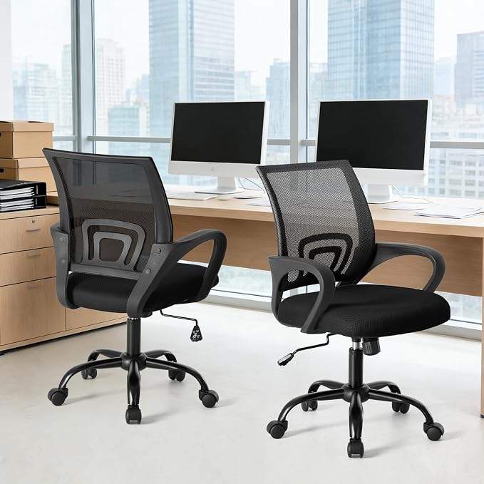 OLIXIS Office Desk Chair - Ergonomic Mid Back with Lumbar Support & Rocking Mode, Height Adjustable with Fixed Armrest, for Home, Computer, Gaming, Conference, Meeting, 360° Swivel, Black, 2 Pack