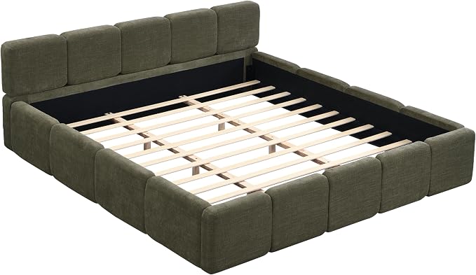 Merax California King Size Boucle Platform Bed with Thick Headboard and Footboard, Block Style Upholstery Floor Bed Frame, Green